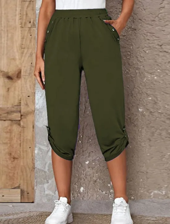Online Women's Capri Pants Chinos Fashion Streetwear Casual Calf-Length High Waist Plain Pocket Elastic Waistband Comfy Soft Comfortable Micro-elastic Outdoor Street Blue Khaki Army Green Dark Gray Summer Women Pants