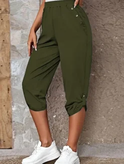 Online Women's Capri Pants Chinos Fashion Streetwear Casual Calf-Length High Waist Plain Pocket Elastic Waistband Comfy Soft Comfortable Micro-elastic Outdoor Street Blue Khaki Army Green Dark Gray Summer Women Pants