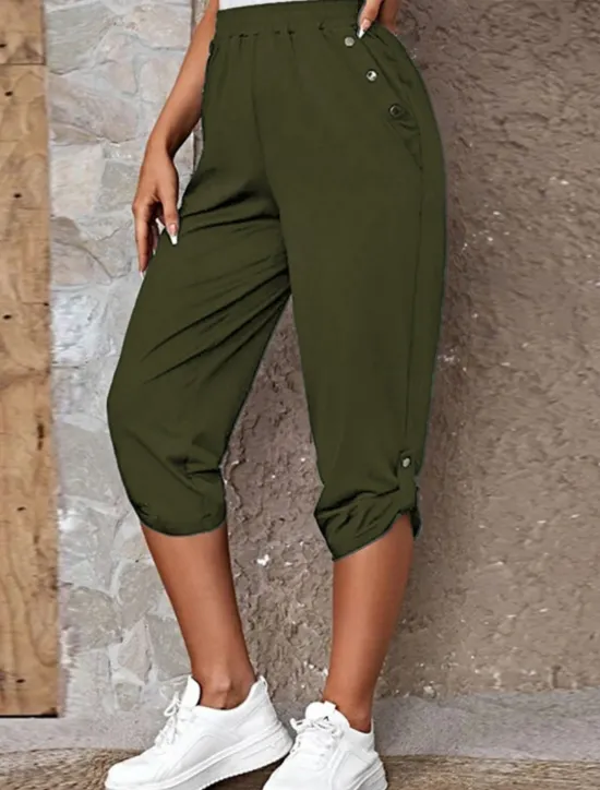 Online Women's Capri Pants Chinos Fashion Streetwear Casual Calf-Length High Waist Plain Pocket Elastic Waistband Comfy Soft Comfortable Micro-elastic Outdoor Street Blue Khaki Army Green Dark Gray Summer Women Pants