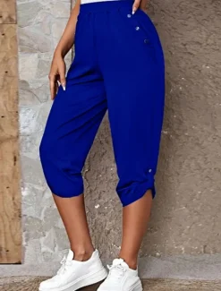 Online Women's Capri Pants Chinos Fashion Streetwear Casual Calf-Length High Waist Plain Pocket Elastic Waistband Comfy Soft Comfortable Micro-elastic Outdoor Street Blue Khaki Army Green Dark Gray Summer Women Pants
