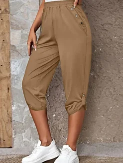 Online Women's Capri Pants Chinos Fashion Streetwear Casual Calf-Length High Waist Plain Pocket Elastic Waistband Comfy Soft Comfortable Micro-elastic Outdoor Street Blue Khaki Army Green Dark Gray Summer Women Pants