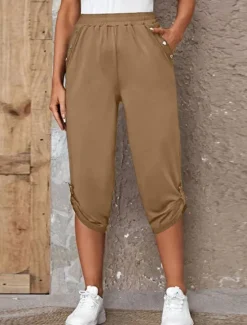 Online Women's Capri Pants Chinos Fashion Streetwear Casual Calf-Length High Waist Plain Pocket Elastic Waistband Comfy Soft Comfortable Micro-elastic Outdoor Street Blue Khaki Army Green Dark Gray Summer Women Pants