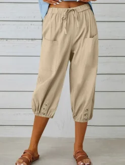 Best Women's Capri Pants Solid Color Chinos Fashion Ethnic Style Basic Calf-Length High Waist Plain Pocket Drawstring Comfort Outdoor Micro-elastic Vacation Street Daily Black White Khaki Light Blue Women Pants