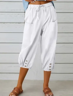 Best Women's Capri Pants Solid Color Chinos Fashion Ethnic Style Basic Calf-Length High Waist Plain Pocket Drawstring Comfort Outdoor Micro-elastic Vacation Street Daily Black White Khaki Light Blue Women Pants