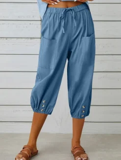 Best Women's Capri Pants Solid Color Chinos Fashion Ethnic Style Basic Calf-Length High Waist Plain Pocket Drawstring Comfort Outdoor Micro-elastic Vacation Street Daily Black White Khaki Light Blue Women Pants