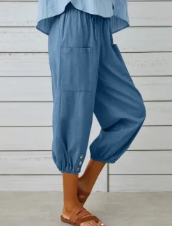 Best Women's Capri Pants Solid Color Chinos Fashion Ethnic Style Basic Calf-Length High Waist Plain Pocket Drawstring Comfort Outdoor Micro-elastic Vacation Street Daily Black White Khaki Light Blue Women Pants