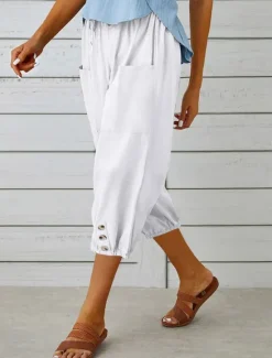 Best Women's Capri Pants Solid Color Chinos Fashion Ethnic Style Basic Calf-Length High Waist Plain Pocket Drawstring Comfort Outdoor Micro-elastic Vacation Street Daily Black White Khaki Light Blue Women Pants