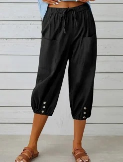 Best Women's Capri Pants Solid Color Chinos Fashion Ethnic Style Basic Calf-Length High Waist Plain Pocket Drawstring Comfort Outdoor Micro-elastic Vacation Street Daily Black White Khaki Light Blue Women Pants