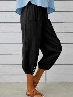Best Women's Capri Pants Solid Color Chinos Fashion Ethnic Style Basic Calf-Length High Waist Plain Pocket Drawstring Comfort Outdoor Micro-elastic Vacation Street Daily Black White Khaki Light Blue Women Pants
