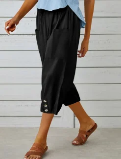 Best Women's Capri Pants Solid Color Chinos Fashion Ethnic Style Basic Calf-Length High Waist Plain Pocket Drawstring Comfort Outdoor Micro-elastic Vacation Street Daily Black White Khaki Light Blue Women Pants
