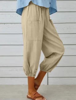 Best Women's Capri Pants Solid Color Chinos Fashion Ethnic Style Basic Calf-Length High Waist Plain Pocket Drawstring Comfort Outdoor Micro-elastic Vacation Street Daily Black White Khaki Light Blue Women Pants