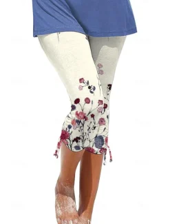 New Women's Capri shorts Casual Daily Calf-Length Heart Floral Print Breathability Comfortable Stretchy Weekend Black White Blue Beige Summer Regular Fit Women Leggings|Spring Pants