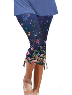 New Women's Capri shorts Casual Daily Calf-Length Heart Floral Print Breathability Comfortable Stretchy Weekend Black White Blue Beige Summer Regular Fit Women Leggings|Spring Pants