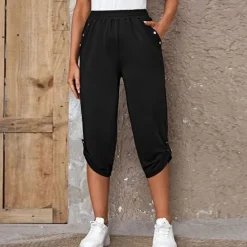 Outlet Women's Capri shorts Fashion Calf-Length Plain Side Pockets Comfort Micro-elastic Casual Daily Black Wine Blue khaki Regular Fit Women Shorts