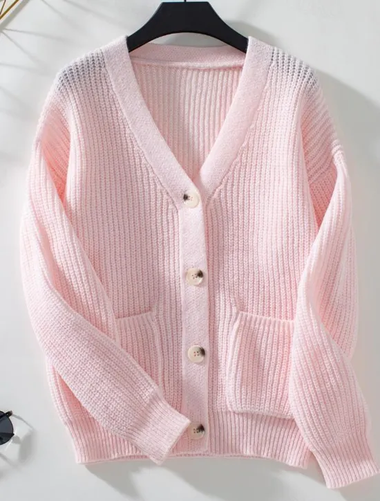 Online Women's Cardigan Casual Pure Color V Neck Knitted Long Sleeve Regular Tops Knit Daily Black Pink Fall Winter Women Pullovers & Tops