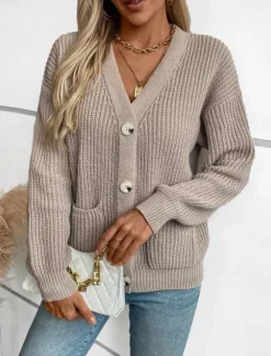 Online Women's Cardigan Casual Pure Color V Neck Knitted Long Sleeve Regular Tops Knit Daily Black Pink Fall Winter Women Pullovers & Tops