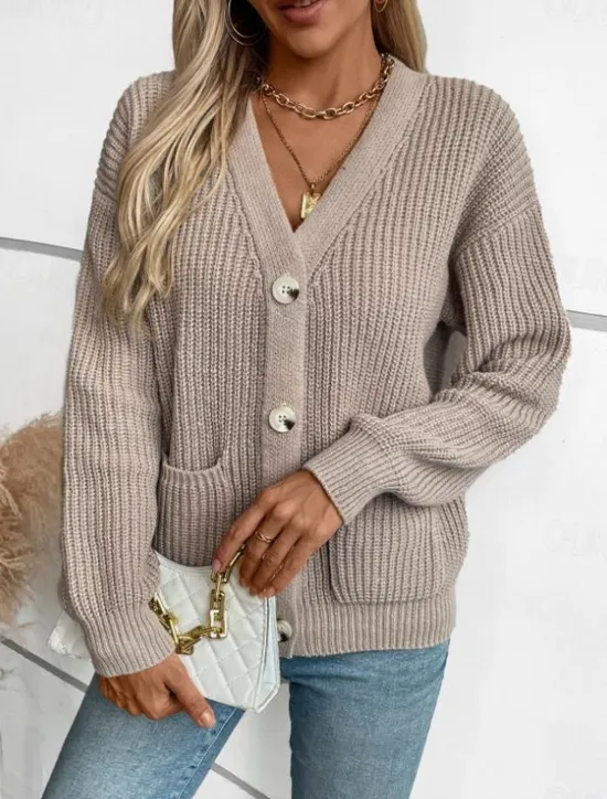 Online Women's Cardigan Casual Pure Color V Neck Knitted Long Sleeve Regular Tops Knit Daily Black Pink Fall Winter Women Pullovers & Tops