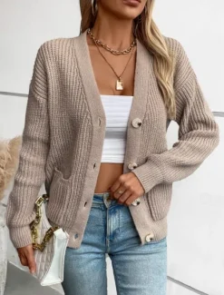 Online Women's Cardigan Casual Pure Color V Neck Knitted Long Sleeve Regular Tops Knit Daily Black Pink Fall Winter Women Pullovers & Tops