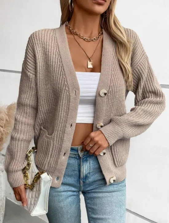 Online Women's Cardigan Casual Pure Color V Neck Knitted Long Sleeve Regular Tops Knit Daily Black Pink Fall Winter Women Pullovers & Tops