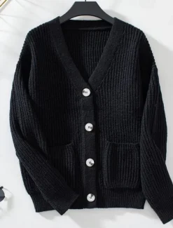 Online Women's Cardigan Casual Pure Color V Neck Knitted Long Sleeve Regular Tops Knit Daily Black Pink Fall Winter Women Pullovers & Tops
