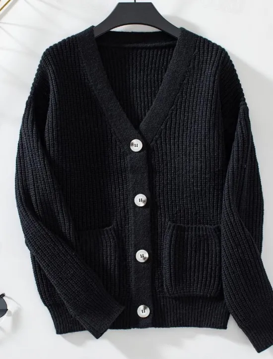 Online Women's Cardigan Casual Pure Color V Neck Knitted Long Sleeve Regular Tops Knit Daily Black Pink Fall Winter Women Pullovers & Tops