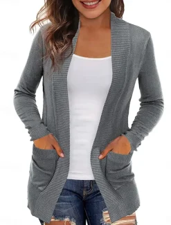 New Women's Cardigan Casual Soft Solid Color Crew Neck Pocket Long Sleeve Regular Tops Knit Daily Black Green Spring Fall Women Cardigans & Outerwears