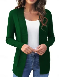 New Women's Cardigan Casual Soft Solid Color Crew Neck Pocket Long Sleeve Regular Tops Knit Daily Black Green Spring Fall Women Cardigans & Outerwears