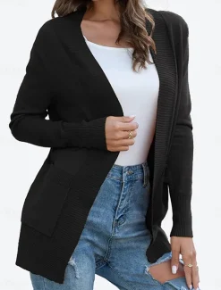 New Women's Cardigan Casual Soft Solid Color Crew Neck Pocket Long Sleeve Regular Tops Knit Daily Black Green Spring Fall Women Cardigans & Outerwears