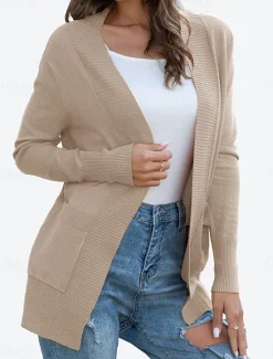 New Women's Cardigan Casual Soft Solid Color Crew Neck Pocket Long Sleeve Regular Tops Knit Daily Black Green Spring Fall Women Cardigans & Outerwears