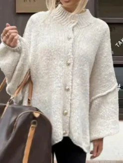 Best Women's Cardigan Casual Soft Pure Color Ribbed Turtleneck Buttons Knitted Long Sleeve Regular Tops Knit Outdoor Daily Weekend White Army Green Fall Winter Women Cardigans & Outerwears