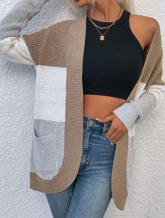 Discount Women's Cardigan Casual Sweater Casual Soft Color Block V Neck Knitted Long Sleeve Regular Tops Knit Outdoor Daily Weekend Blue Brown Fall Winter Women Cardigans & Outerwears