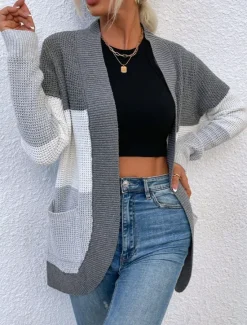 Discount Women's Cardigan Casual Sweater Casual Soft Color Block V Neck Knitted Long Sleeve Regular Tops Knit Outdoor Daily Weekend Blue Brown Fall Winter Women Cardigans & Outerwears