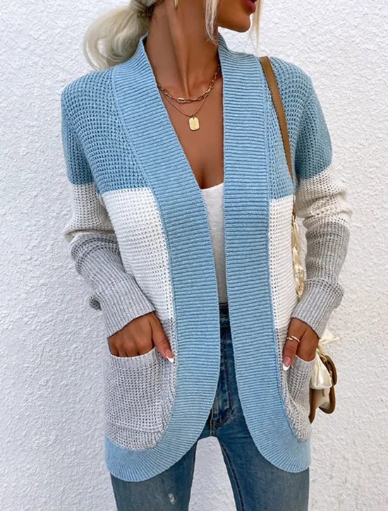 Discount Women's Cardigan Casual Sweater Casual Soft Color Block V Neck Knitted Long Sleeve Regular Tops Knit Outdoor Daily Weekend Blue Brown Fall Winter Women Cardigans & Outerwears