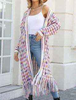 Outlet Women's Cardigan Casual Sweater Casual Soft Geometric Ribbed V Neck Tassel Knitted Long Sleeve Regular Tops Knit Outdoor Daily Weekend Black Pink Fall Winter Women Cardigans & Outerwears