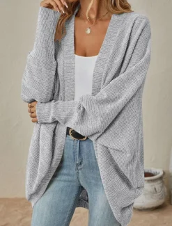 Clearance Women's Cardigan Coat Casual Solid Color Ribbed Open Front Knitted Batwing Sleeve Long Sleeve Regular Tops Knit Daily Pink Blue Spring Fall Women Cardigans & Outerwears