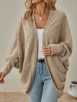 Clearance Women's Cardigan Coat Casual Solid Color Ribbed Open Front Knitted Batwing Sleeve Long Sleeve Regular Tops Knit Daily Pink Blue Spring Fall Women Cardigans & Outerwears