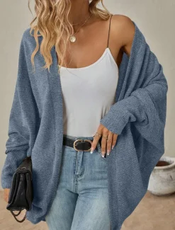 Clearance Women's Cardigan Coat Casual Solid Color Ribbed Open Front Knitted Batwing Sleeve Long Sleeve Regular Tops Knit Daily Pink Blue Spring Fall Women Cardigans & Outerwears