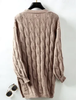 Best Women's Cardigan Daily Casual Solid Color Open Front Knitted Textured Long Sleeve Long Tops Knit Home Work Daily Red Brown Khaki Fall Winter Women Cardigans & Outerwears