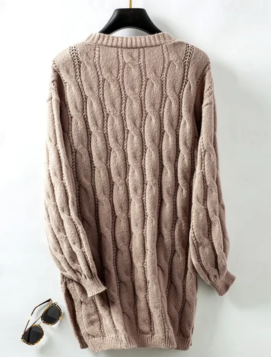Best Women's Cardigan Daily Casual Solid Color Open Front Knitted Textured Long Sleeve Long Tops Knit Home Work Daily Red Brown Khaki Fall Winter Women Cardigans & Outerwears