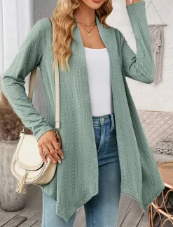 Clearance Women's Cardigan Elegant Casual Solid Color Plain Waffle Open Front Asymmetric Hem Long Sleeve Regular Tops Knit Daily Pink Green Spring Fall Women Jackets