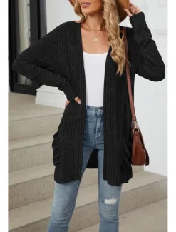 Hot Women's Cardigan Elegant Casual Solid Color Ribbed Open Front Pocket Long Sleeve Regular Tops Knit Work Daily Black Army Green Spring Fall Women Cardigans & Outerwears