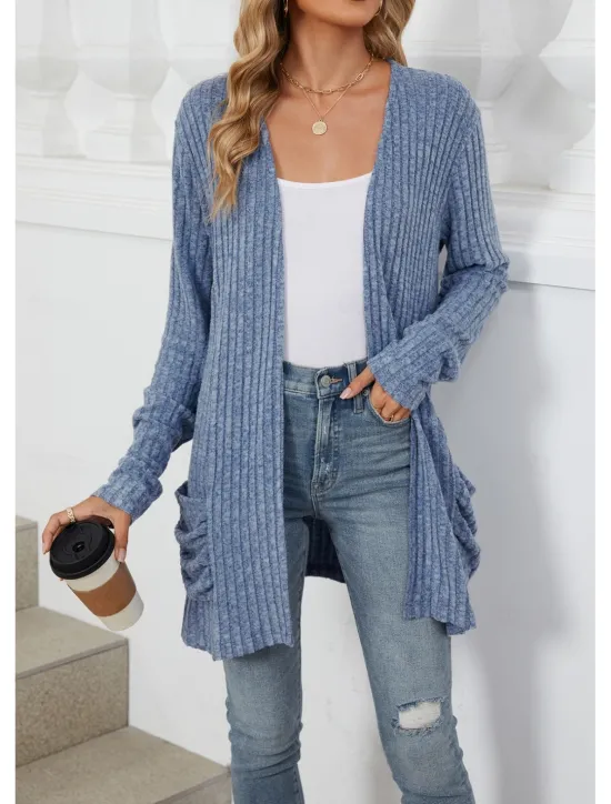Hot Women's Cardigan Elegant Casual Solid Color Ribbed Open Front Pocket Long Sleeve Regular Tops Knit Work Daily Black Army Green Spring Fall Women Cardigans & Outerwears