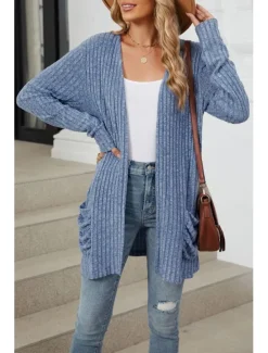 Hot Women's Cardigan Elegant Casual Solid Color Ribbed Open Front Pocket Long Sleeve Regular Tops Knit Work Daily Black Army Green Spring Fall Women Cardigans & Outerwears