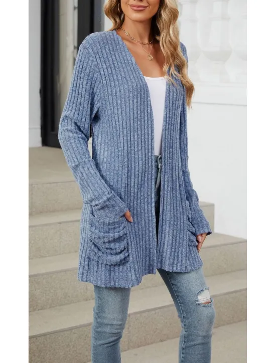 Hot Women's Cardigan Elegant Casual Solid Color Ribbed Open Front Pocket Long Sleeve Regular Tops Knit Work Daily Black Army Green Spring Fall Women Cardigans & Outerwears