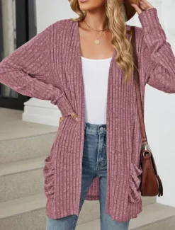 Hot Women's Cardigan Elegant Casual Solid Color Ribbed Open Front Pocket Long Sleeve Regular Tops Knit Work Daily Black Army Green Spring Fall Women Cardigans & Outerwears