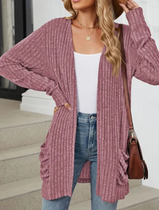 Hot Women's Cardigan Elegant Casual Solid Color Ribbed Open Front Pocket Long Sleeve Regular Tops Knit Work Daily Black Army Green Spring Fall Women Cardigans & Outerwears