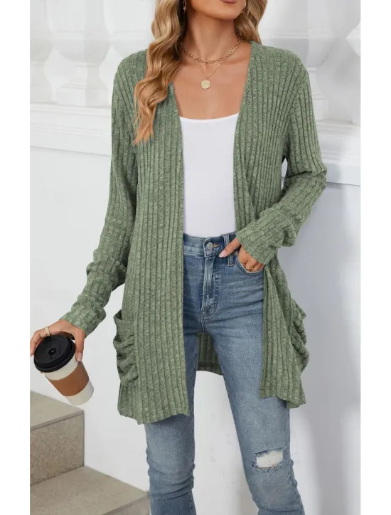 Hot Women's Cardigan Elegant Casual Solid Color Ribbed Open Front Pocket Long Sleeve Regular Tops Knit Work Daily Black Army Green Spring Fall Women Cardigans & Outerwears
