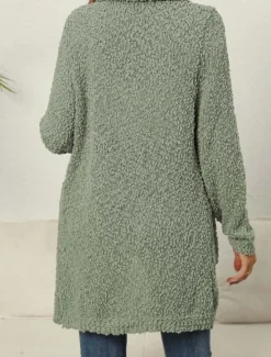 Online Women's Cardigan Elegant Fashion Daily Solid Color Open Front Knitted Textured Long Sleeve Long Tops Knit Work Green Fall Winter Women Cardigans & Outerwears