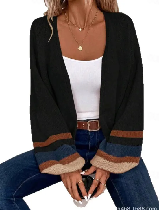 Outlet Women's Cardigan Elegant Vacation Vintage Open Front Stripe Drop Shoulder Long Sleeve Regular Tops Knit School Home Party Black khaki Fall Winter Women Cardigans & Outerwears