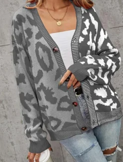 Clearance Women's Cardigan Fashion Daily Casual Leopard Color Block Print Open Front Knitted Long Sleeve Regular Tops Knit Formal Home Red Brown Fall Winter Women Cardigans & Outerwears